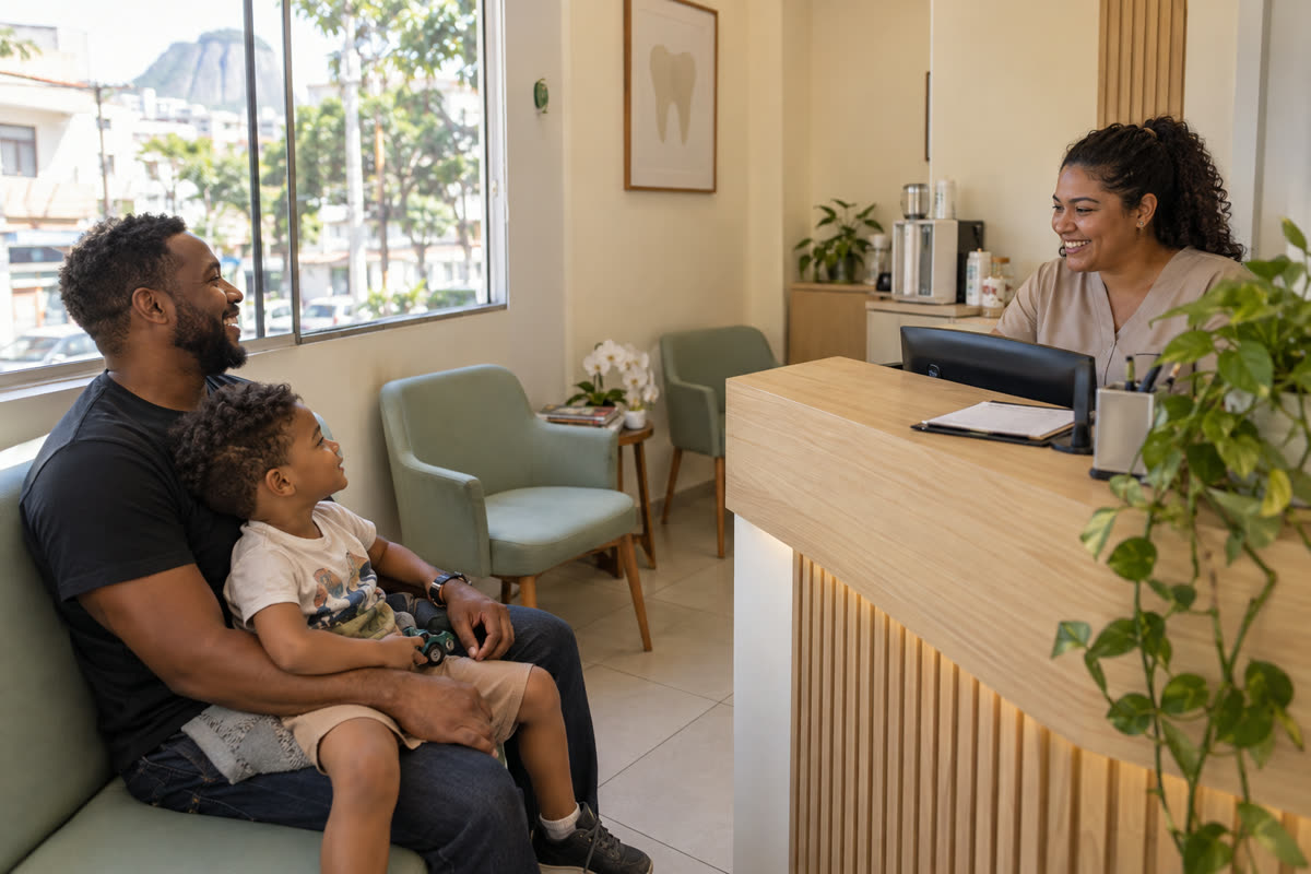 Recepção da clínica com pai, criança e recepcionista