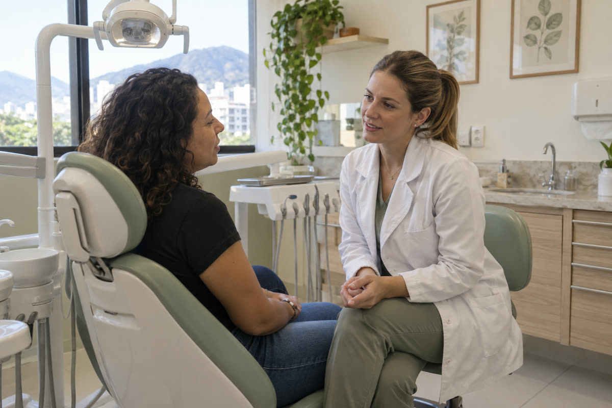 Dentista conversa com paciente no consultório