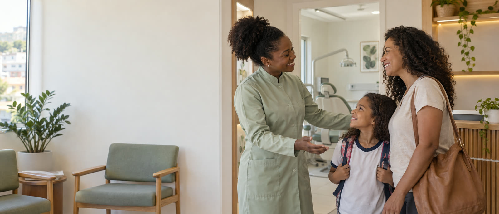 Dentista conversa com mãe e filha na clínica